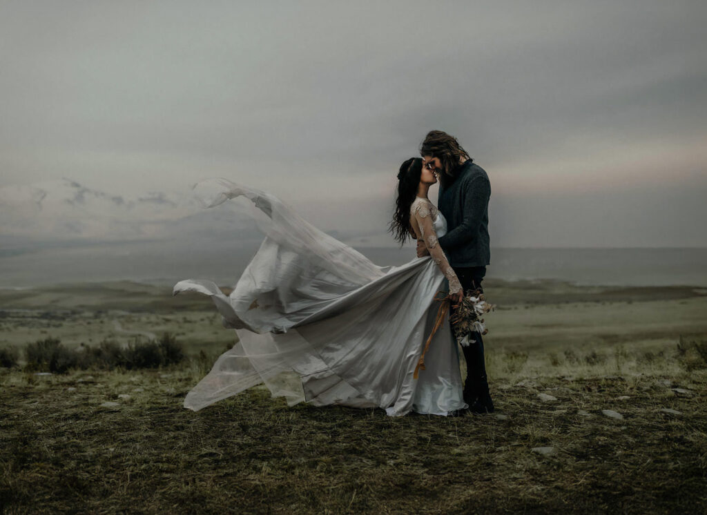 An elopement couple on Antelope Island in Utah.